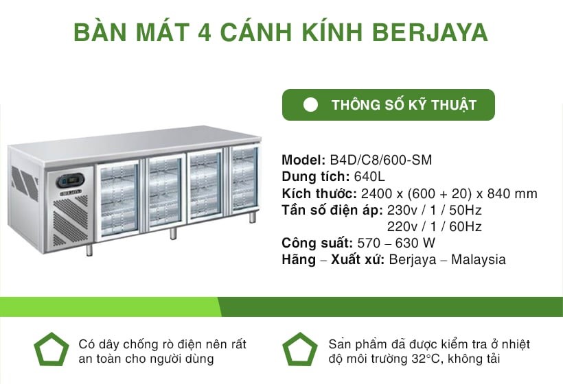 Bàn mát quầy bar 3 cánh kính Berjaya B4d-c8-7-sm thông số kỹ thuật