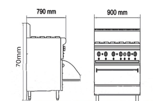 Bếp âu 6 họng có lò nướng Dro-6l Berjaya kích thước