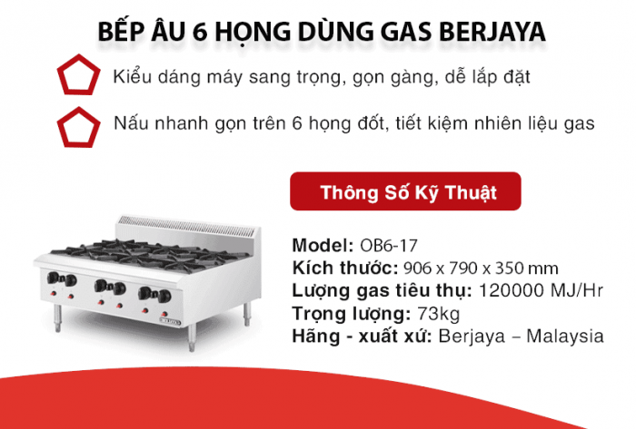 Bếp âu 6 họng không kèm chân đứng Berjaya Ob6-17