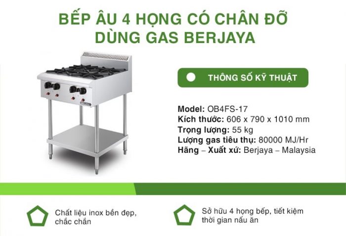 Bếp âu có chân đứng 4 họng Berjaya Ob4fs-17 thông số