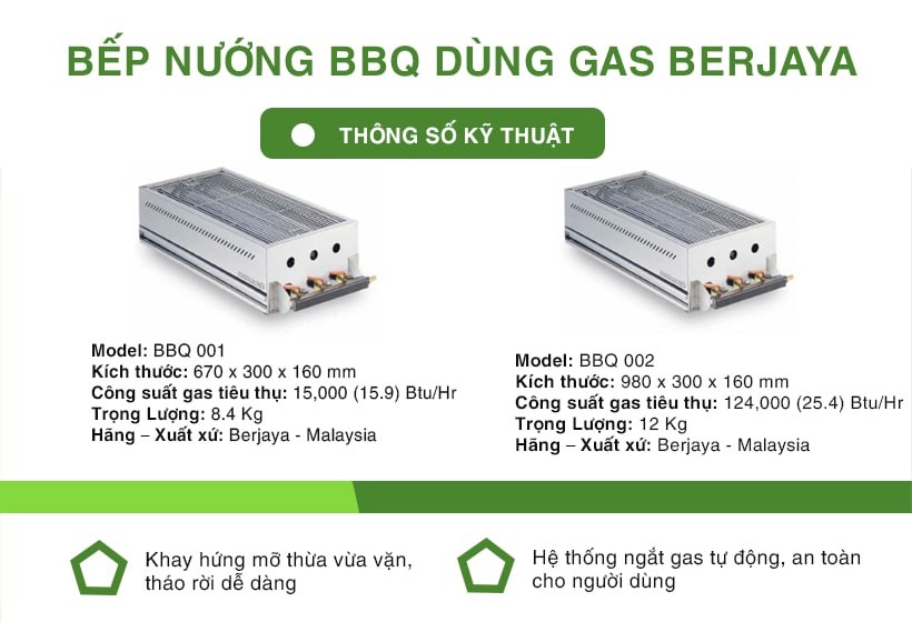 Bếp nướng bbq Berjaya Bbq 002 dùng gas thông số kỹ thuật