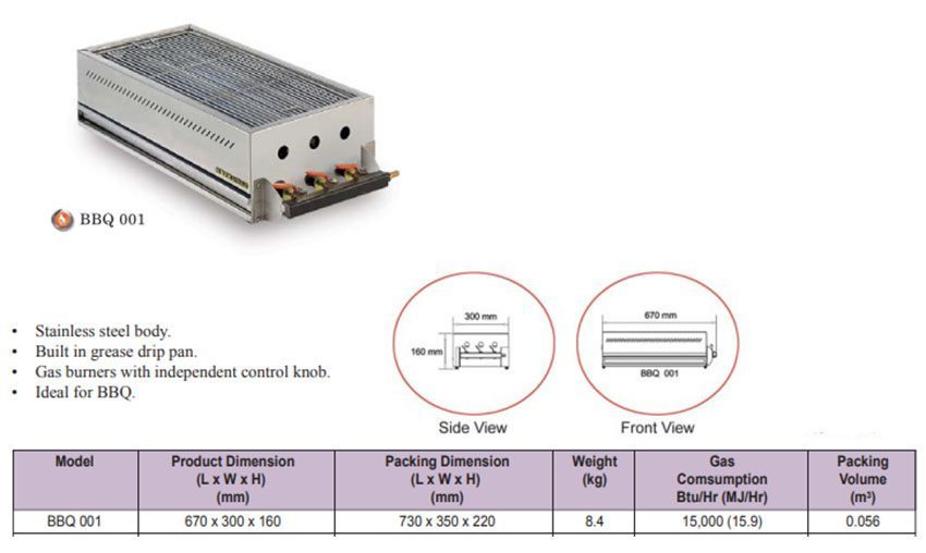 Bếp nướng bbq dùng gas Berjaya Bbq 001 kích thước