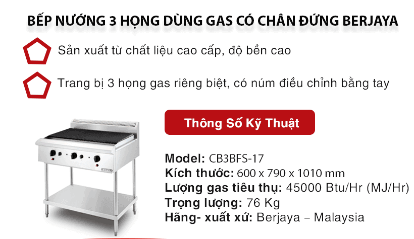 Bếp nướng dùng gas có chân thương hiệu Berjaya CB3BFS-17