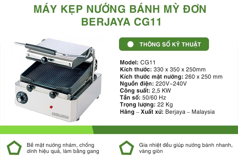 Máy nướng bánh mỳ kẹp Berjaya Cg-11 thông số