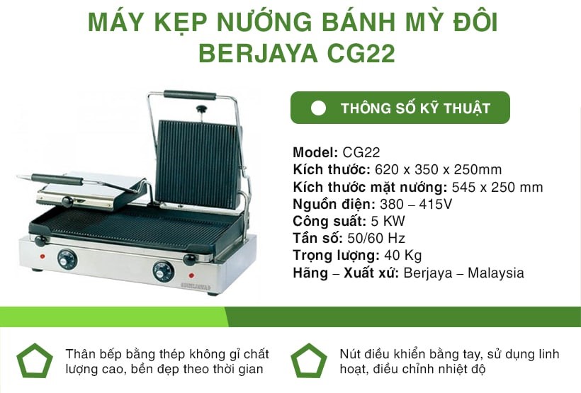 Máy nướng bánh mỳ kẹp Berjaya Cg 22 thông số kỹ thuật