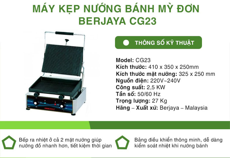 Máy nướng bánh mỳ kẹp Cg-23 Berjaya thông số chi tiết