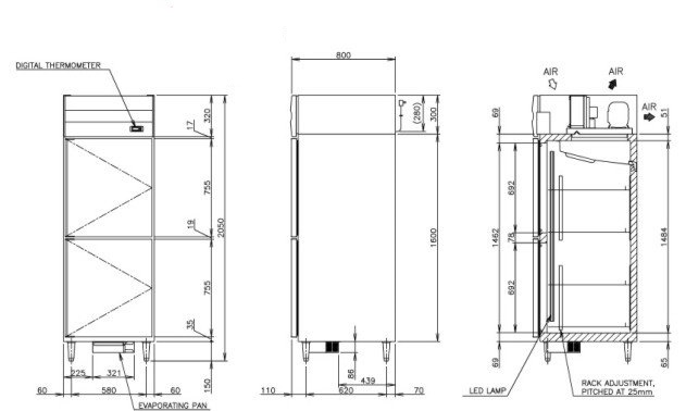 Tủ mát 2 cánh inox HR-78MA-S Hoshizaki bản vẽ